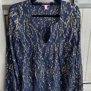 Lilly Pulitzer Navy Gold Sheer Metallic Jacquard Top (M)